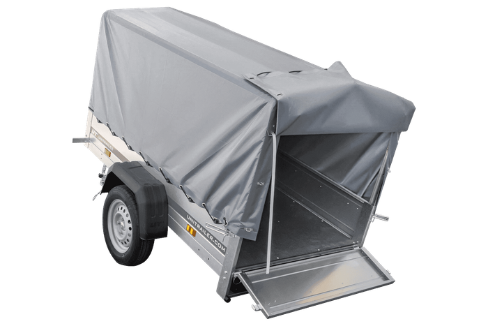 Autotransportanhänger 200x106 UNITRAILER GARDEN 200 KIPP mit H-800 Rahmen und grauer Plane