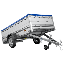 Einachsanhänger mit Aluminiumseitenwänden 264x125 Unitrailer Garden 264 KIPP ALU mit BIS-Seitenwänden, H-0-Rahmen und blauer Plane