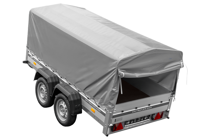 Zweiachsiger Anhänger mit Aluminiumseitenwänden 264x125 Unitrailer Garden 264/2 KIPP ALU mit H-800 Rahmen und grauer Plane