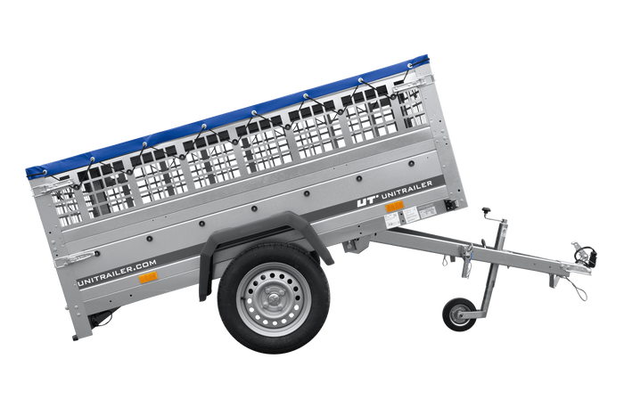 PKW-Anhänger 200x125 UNITRAILER GARDEN 201 KIPP mit Gitteraufsatz und blaue Flachplane 