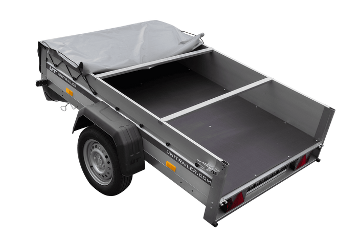 Einachsanhänger mit Aluminiumseitenwänden 200x125 Unitrailer Garden 201 KIPP ALU mit H-0-Rahmen und grauer Plane