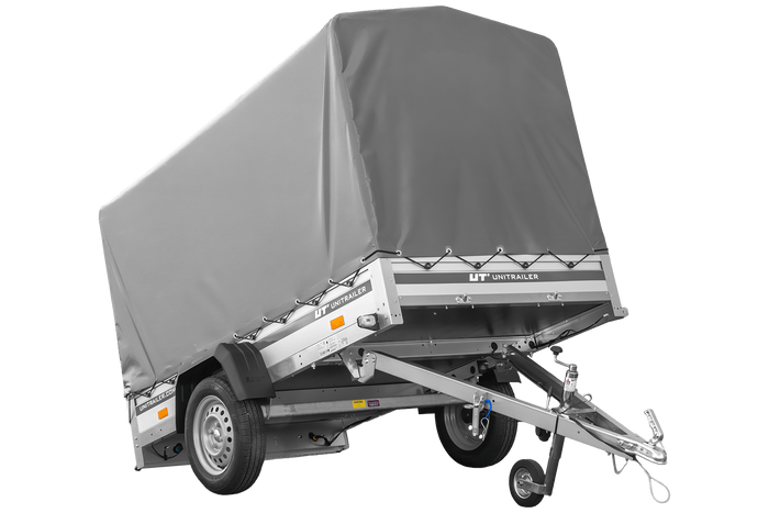 Autotransportanhänger mit ALU-Bordwänden 230x125 Unitrailer Garden 230 KIPP ALU mit H1100-Rahmen und grauer Plane