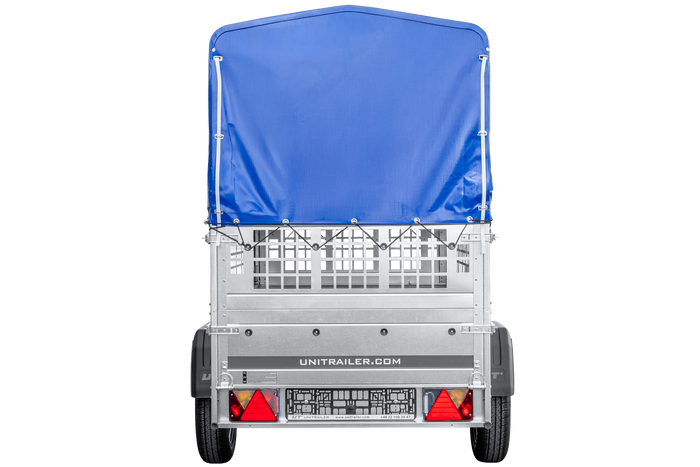 Leichter Anhänger 200x106 UNITRAILER GARDEN 200 KIPP mit Gitterwänden, H-800 Rahmen und blauer Plane