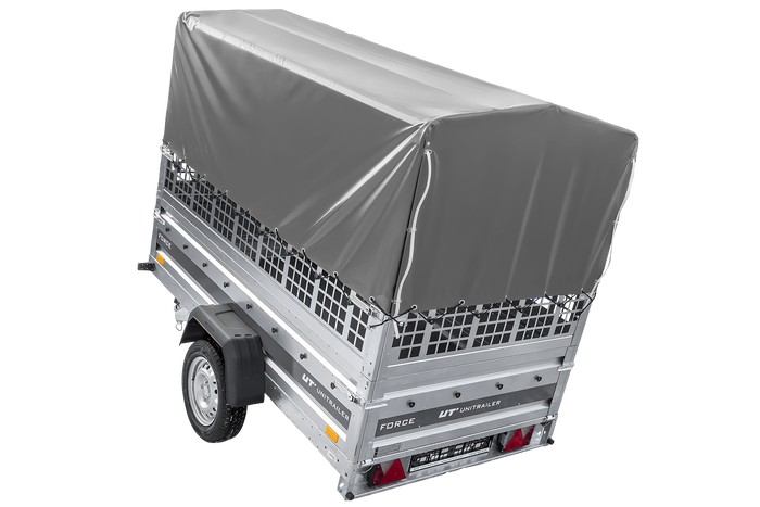 Einachsanhänger 230x125 UNITRAILER FORCE 230 KIPP mit Gitterseitenwänden, H-800 Rahmen und grauer Plane