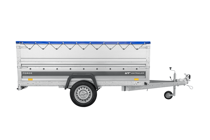 Einachsiger Anhänger auf Blattfedern 264x125 UNITRAILER FORCE 264/R KIPP mit BIS-Seitenwänden, H-0-Rahmen und blauer Plane