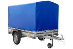 Autotransportanhänger mit Aluminiumwänden 230x125 Unitrailer Garden 230 KIPP ALU mit H1100-Rahmen und blauer Plane