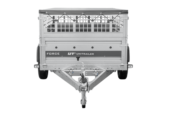 Einachsanhänger 230x125 UNITRAILER FORCE 230 KIPP mit Gitterwänden, H-0-Rahmen und grauer Plane