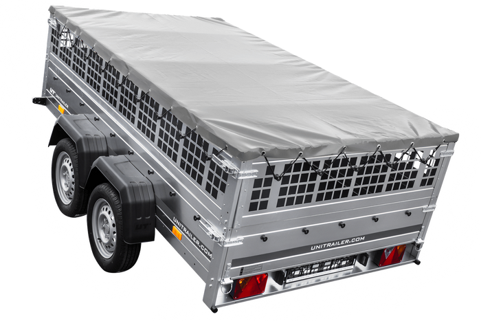 Leichter Anhänger 264x150 UNITRAILER GARDEN 265/2 KIPP mit Gitterwänden, H-0-Rahmen und grauer Plane