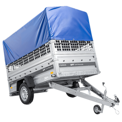 Einachsanhänger 230x125 UNITRAILER FORCE 230 KIPP mit Gitterseitenwänden, H-0-Rahmen und blauer Plane