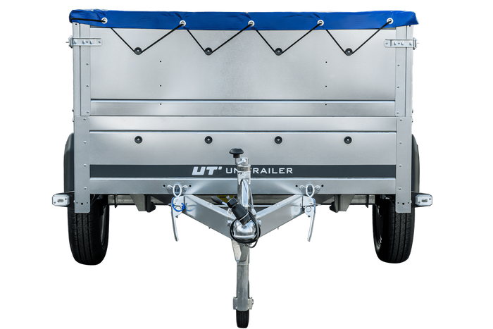 Anhänger mit faltbarer Deichsel GARDEN TRAILER 230 KIPP mit zusätzlichen Bordwänden, Stützrad und blauer Flachplane