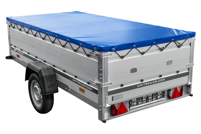 Einachsanhänger mit Aluminiumseitenwänden 264x125 Unitrailer Garden 264 KIPP ALU mit BIS-Seitenwänden, H-0-Rahmen und blauer Plane