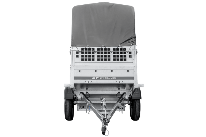 Autotransportanhänger 200x106 UNITRAILER GARDEN 200 KIPP mit Gitterwänden, H-800 Rahmen und grauer Plane