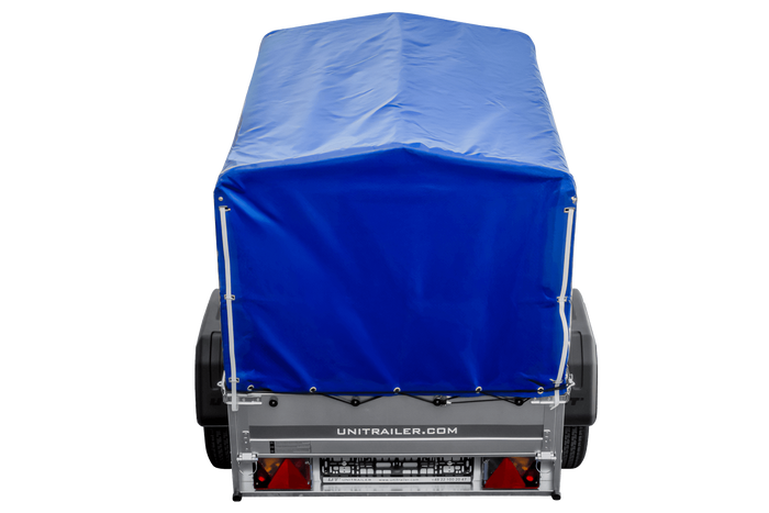 Anhänger 150 KIPP 150x106 cm [mit blauer Hochplane, Hochspriegel und Stützrad]