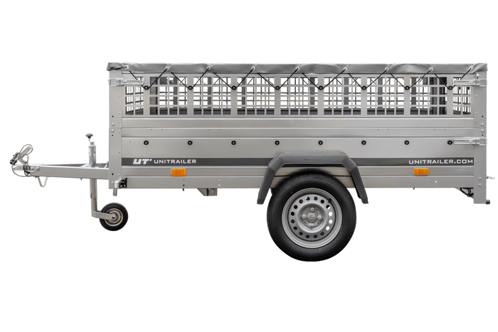 PKW-Ahänger 230x125 UNITRAILER GARDEN 230 KIPP mit Gitteraufsatz und grauer Plane