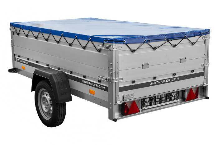 Einachsanhänger mit Aluminiumseitenwänden 230x125 Unitrailer Garden 230 KIPP ALU mit BIS-Seitenwänden, H-0-Rahmen und blauer Plane
