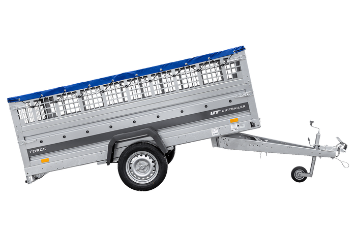 Einachsiger Anhänger auf Blattfedern 264x125 UNITRAILER FORCE 264/R KIPP mit Gitterseitenwänden, H-0-Rahmen und blauer Plane