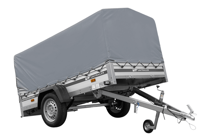 Einachsiger Anhänger auf Blattfedern mit Aluminiumseitenwänden 230x125 Unitrailer Garden 230/R KIPP ALU mit H-800 Rahmen und grauer Plane