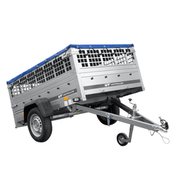 Einachsanhänger 200x125 UNITRAILER GARDEN 201 KIPP mit Gitterseitenwänden und blauer Abdeckung