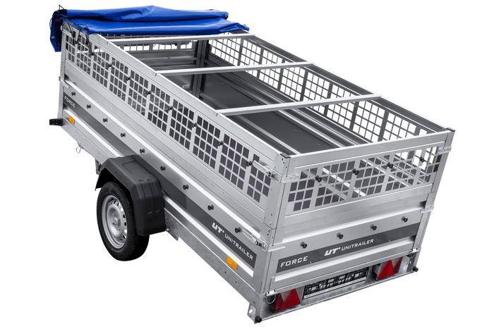 Einachsiger Anhänger auf Blattfedern 264x125 UNITRAILER FORCE 264/R KIPP mit Gitterseitenwänden, H-0-Rahmen und blauer Plane
