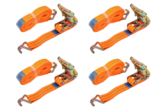 Satz aus vier orangefarbenen UNITRAILER 6m/35mm/2t Transportgurten mit Spannvorrichtung