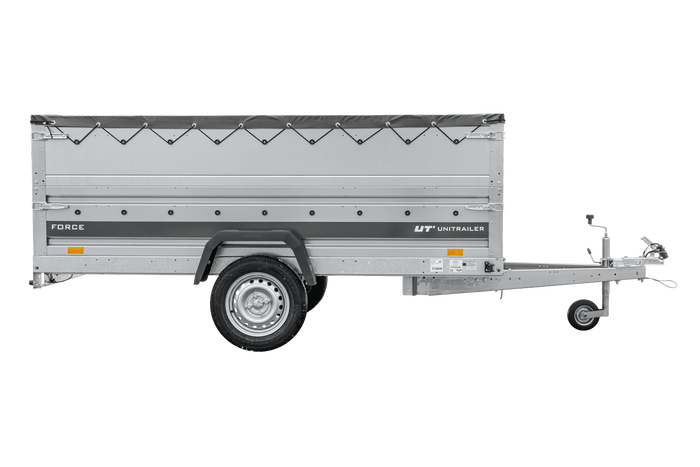 Leichter Anhänger 264x125 UNITRAILER FORCE 264 KIPP mit BIS-Seitenwänden, H-0-Rahmen und grauer Plane