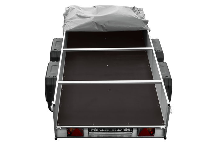 Zweiachsiger Anhänger mit Aluminiumseitenwänden 264x125 Unitrailer Garden 264/2 KIPP ALU mit H-0-Rahmen und grauer Plane