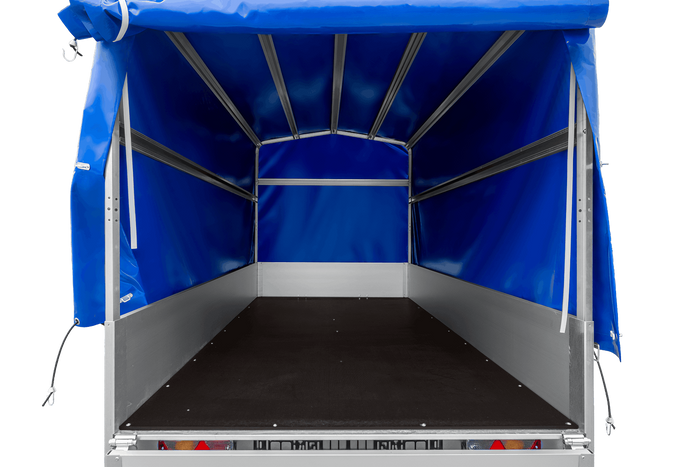 Zweiachsiger Anhänger mit Aluminiumseitenwänden 264x125 Unitrailer Garden 264/2 KIPP ALU mit Rahmen H-1100 und blauer Plane