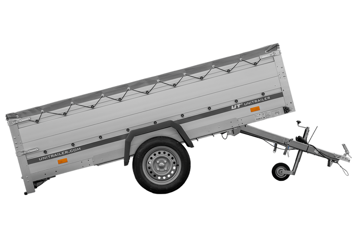 Einachsanhänger mit Aluminiumseitenwänden 264x150 Unitrailer Garden 265 KIPP ALU mit BIS-Seitenwänden, H-0-Rahmen und grauer Plane