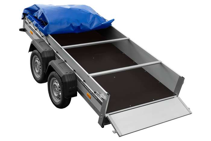 Zweiachsiger Anhänger mit Aluminiumseitenwänden 264x125 Unitrailer Garden 264/2 KIPP ALU mit H-0-Rahmen und blauer Plane