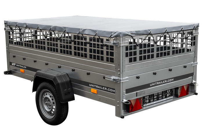 PKW-Anhänger 230x125 UNITRAILER GARDEN 230 KIPP mit Gitterseitenwänden und grauer Plane
