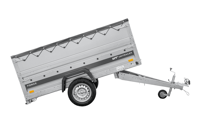 Leichter Anhänger 230x125 UNITRAILER FORCE 230 KIPP mit BIS-Seitenwänden, H-0-Rahmen und grauer Plane