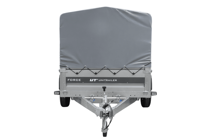 Einachsiger Federanhänger 264x125 UNITRAILER FORCE 264/R KIPP mit H-800 Rahmen und grauer Plane