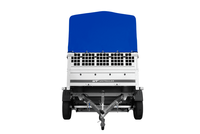 Einachsanhänger auf Federn 200x125 UNITRAILER GARDEN 201/R KIPP mit Gitterwänden, H-800-Rahmen und blauer Plane