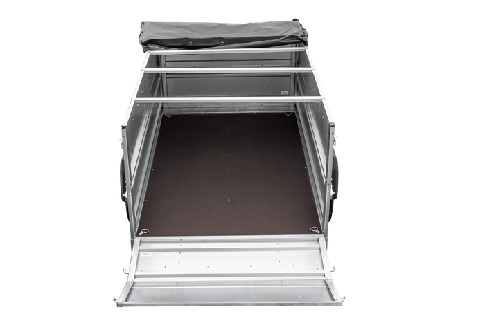 Leichter Anhänger 230x125 UNITRAILER FORCE 230 KIPP mit BIS-Seitenwänden, H-0-Rahmen und grauer Plane