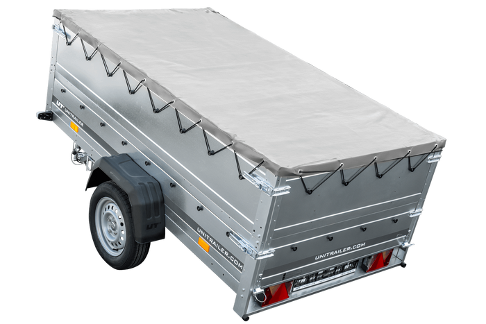 PKW-Anhänger 230x125 UNITRAILER GARDEN 230 KIPP mit Zusatzbordwänden und grauer Plane