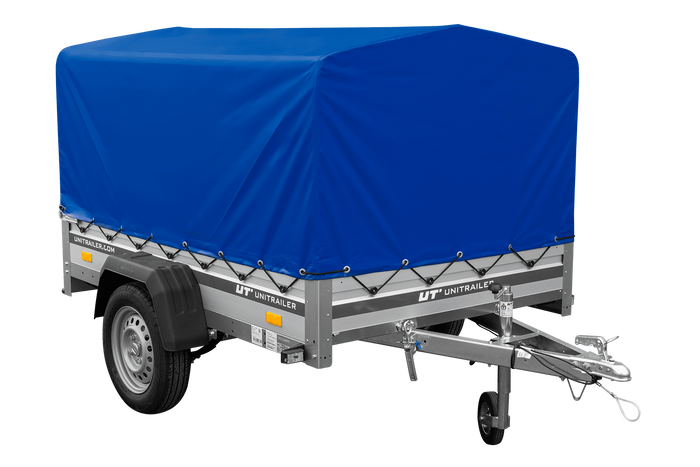Autotransportanhänger auf Federn mit Aluminiumseitenwänden 200x125 Unitrailer Garden 201/R KIPP ALU mit H-800 Rahmen und blauer Plane