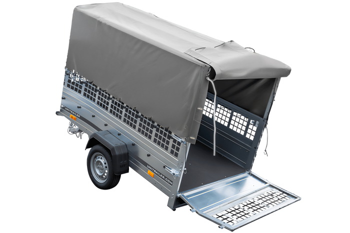 Planenanhänger 230x125 Garden Trailer 230 KIPP mit Laubgitteraufsatz, grauer Hochplane, Hochspriegel und Stützrad