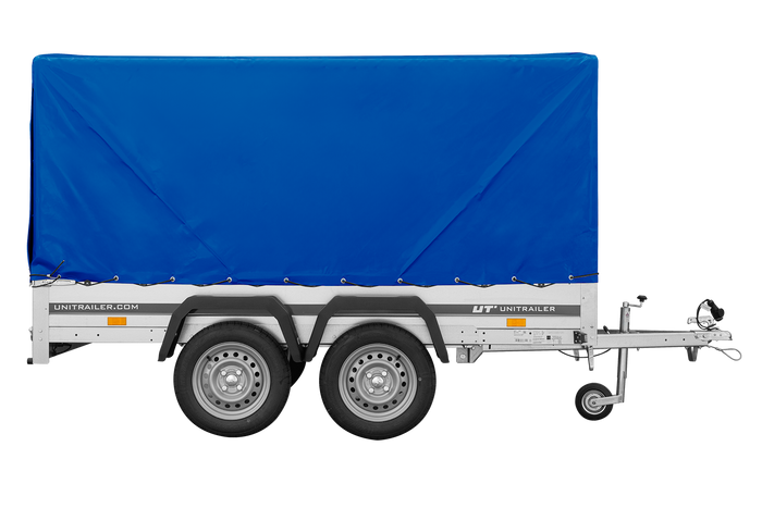 Przyczepka dwuosiowa 264x125 UNITRAILER GARDEN 264/2 KIPP ze stelażem H-1100 i plandeką niebieską