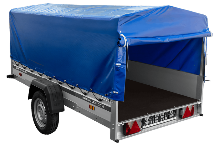 Einachsanhänger mit Aluminiumseitenwänden 264x125 Unitrailer Garden 264 KIPP ALU mit H-800 Rahmen und blauer Plane