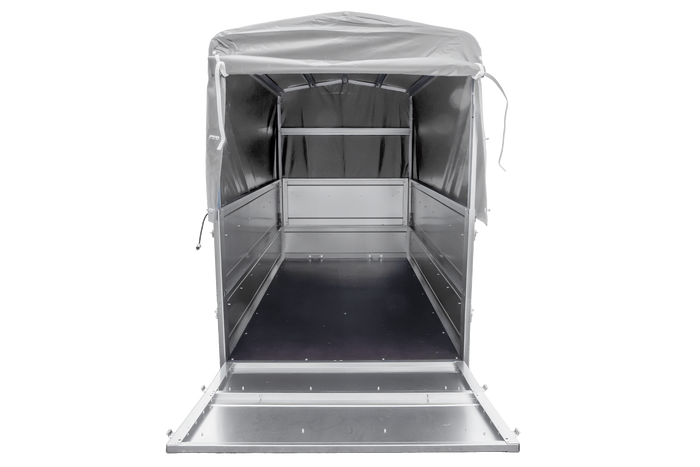 Leichter Anhänger 200x106 UNITRAILER GARDEN 200 KIPP mit BIS-Seitenwänden, H-800-Rahmen und grauer Plane