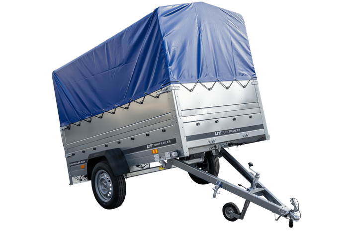 PKW-Anhänger 230x125 UNITRAILER GARDEN 230 KIPP mit Zusätzbordwänden und blauer Hochplane