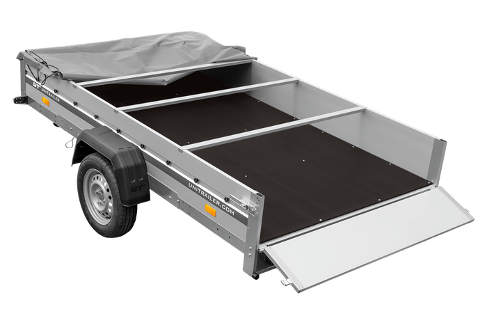 Autotransportanhänger mit Aluminiumseitenwänden 264x150 Unitrailer Garden 265 KIPP ALU mit H-0-Rahmen und grauer Plane