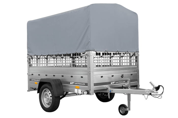 Einachsanhänger auf Federn 200x125 UNITRAILER GARDEN 201/R KIPP mit Gitterwänden, H-800-Rahmen und grauer Plane