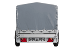 Einachsiger Anhänger auf Blattfedern mit Aluminiumseitenwänden 230x125 Unitrailer Garden 230/R KIPP ALU mit H-800 Rahmen und grauer Plane