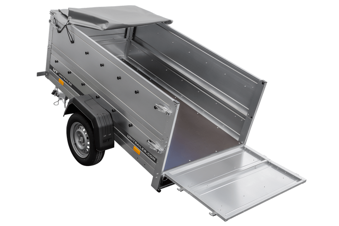 Autotransportanhänger 200x106 UNITRAILER GARDEN 200 KIPP mit BIS-Seitenwänden und grauer Plane