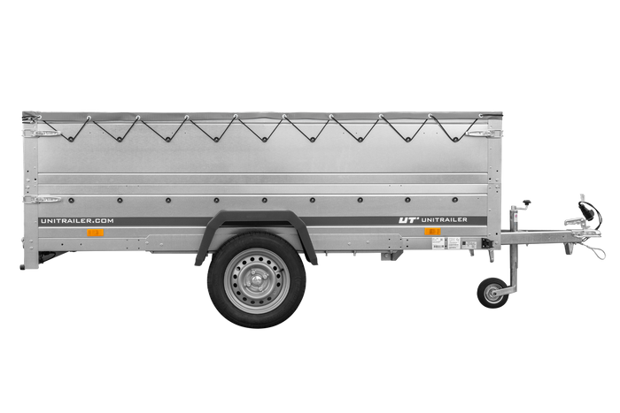 Einachsanhänger auf Federn 264x125 UNITRAILER GARDEN 264/R KIPP mit BIS-Seiten, H-0-Rahmen und grauer Plane