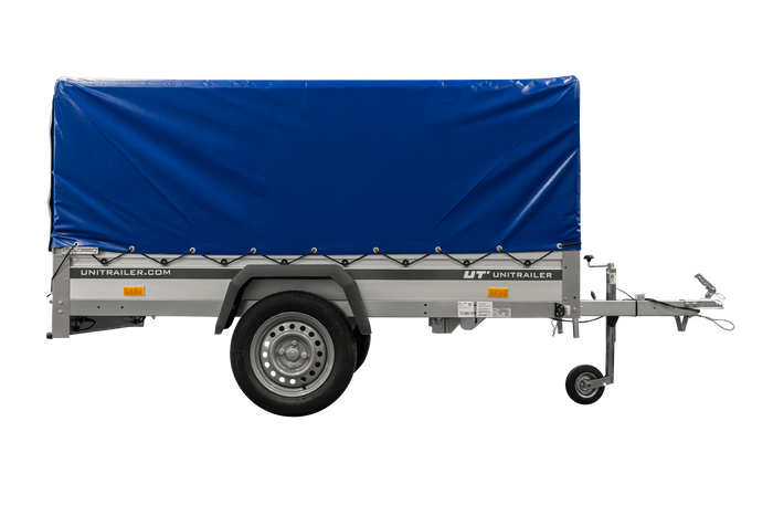 Einachsanhänger mit Aluminiumseitenwänden 230x125 Unitrailer Garden 230 KIPP ALU mit H-800 Rahmen und blauer Plane