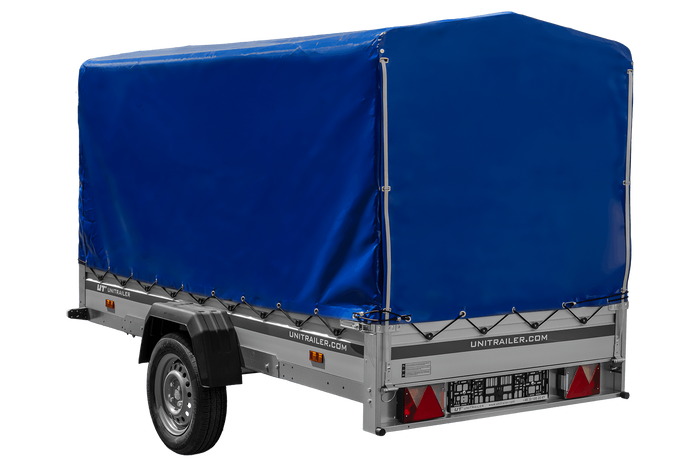Autoanhänger mit Aluminiumseitenwänden 264x125 Unitrailer Garden 264 KIPP ALU mit H-1100 Rahmen und blauer Plane