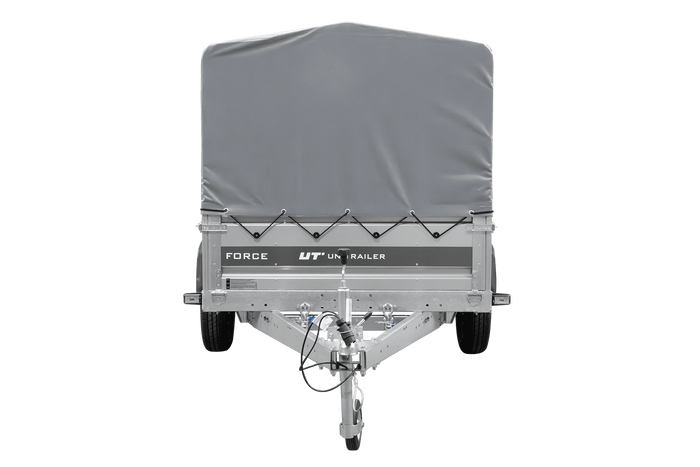 Einachsanhänger 230x125 UNITRAILER FORCE 230 KIPP mit H-800 Spriegel und grauer Hochplane