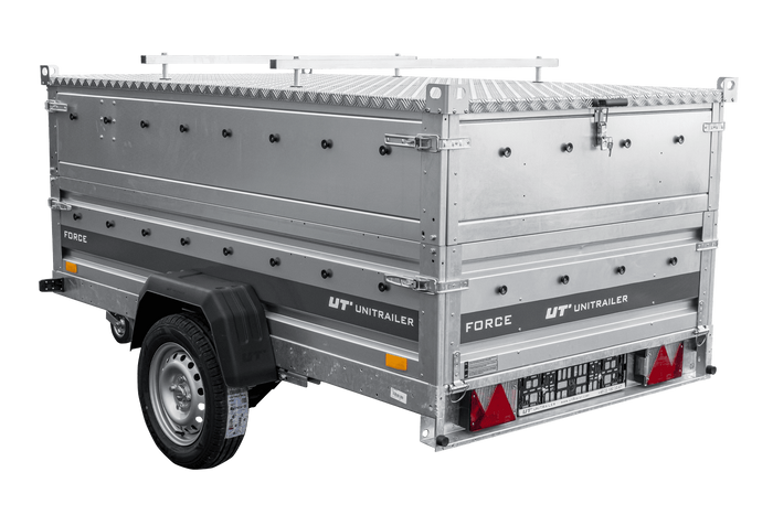 Einachsiger Anhänger auf Blattfedern 230x125 UNITRAILER FORCE 230/R KIPP mit BIS-Seitenwänden und Aluminiumabdeckung